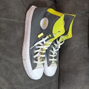 Gray and Yellow High-Top Sneakers